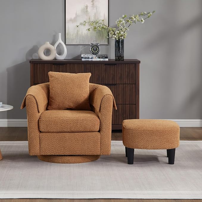 FLEXISPOT Swivel Barrel Accent Chair with Ottoman 360 Degree Swivel Round Chairs with Removable Throw Pillow Upholstered in Chenille Reading Sofa for Living Room Bedroom (Yellow)