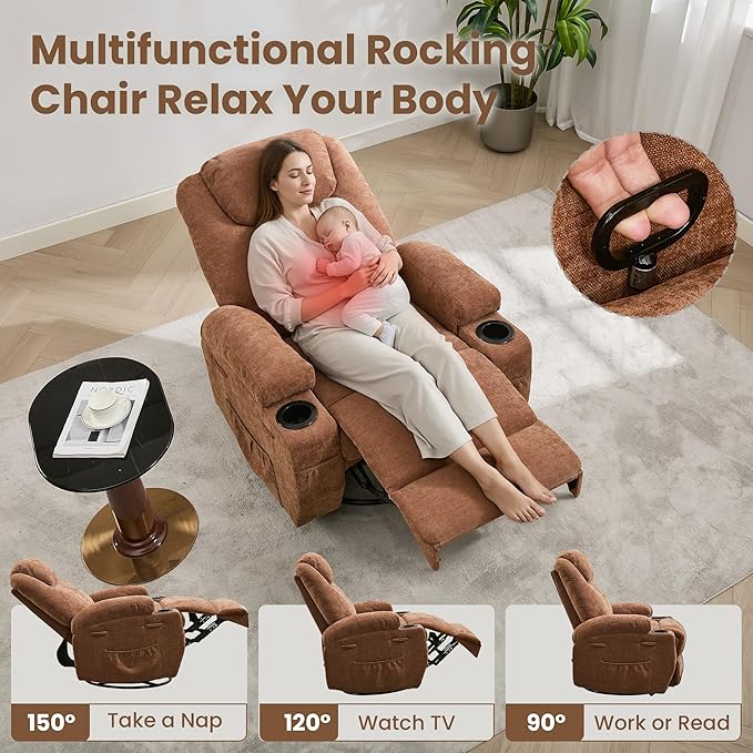 Wide Recliner Rocking Chair for Living Room Comfortable Lounge Seat with Relaxing Massage &amp Heat Soft Armrests Perfect for Living Room Bedroom or NurseryBrown