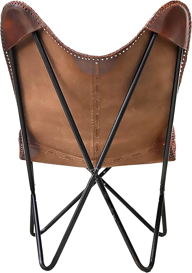 cuero Classy Handmade Dark Brown Leather Butterfly Chair Living Room- Side Hand Stich Leather Chair-Handmade with Powder Coated Folding Black Iron Frame (Cover with Folding Frame)
