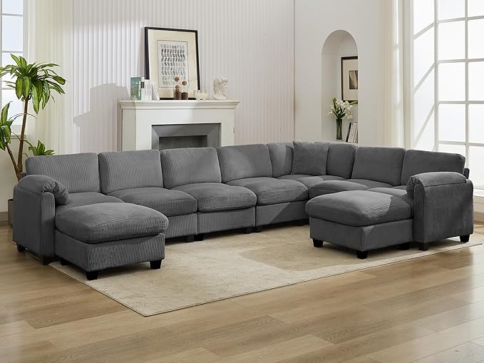 DRMBOOK 140.6'' U Shaped Modular Sectional Cloud Couch Comfy Corduroy 7 Seater Sofa with Curved Armrest Modern Deep Seat Sofa for Living Room (Grey 6 Seat+1 Corner+2 Ottoman)