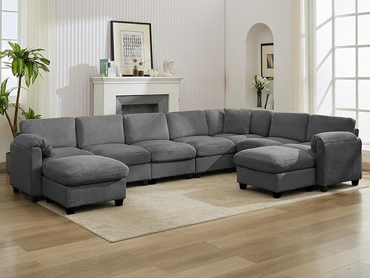 DRMBOOK 140.6'' U Shaped Modular Sectional Cloud Couch Comfy Corduroy 7 Seater Sofa with Curved Armrest Modern Deep Seat Sofa for Living Room (Grey 6 Seat+1 Corner+2 Ottoman)