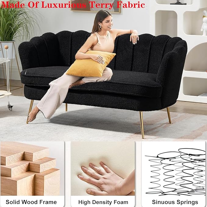 Black Modern Boucle Loveseat CouchFuton Small Sofa with Gold Metal Legs 2-Seater Upholstered Mini Sofa Couches for Small SpaceLiving Room Bedroom Office Dorm Studio Apartment Couche(Black)