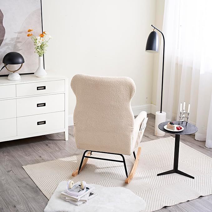 Modern Rocking Chair with High BackrestTeddy Material Comfort Arm Rocker Lounge Armchair for Living Room