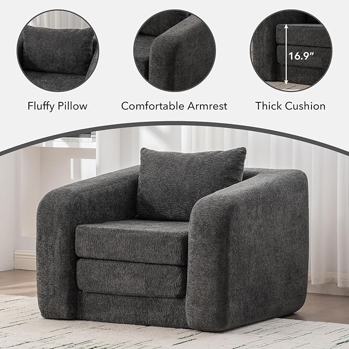 Convertible Sofa Bed Chenille Upholstered Pull Out Sofa Bed with Pillows 2-in-1 Sofa Chair with Minimalist Design Comfy Folding Mattress Couch for Apartment (Gray Single Sofa Bed)