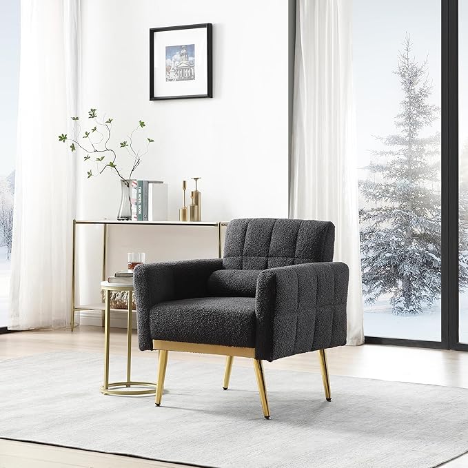 Modern Chair Lounge Chair Armchair Accent Living Room Chair with Tapered Metal Legs and Waist Pillow LoungeTeddy Fabric Gray