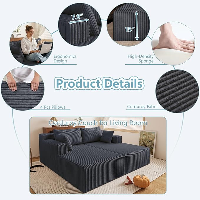 71 Oversized Chaise Lounge ChairSectional Double Lounge Chaise with PillowsUpholstered Corduroy Boneless Lounge ChairFluffy Modern Loveseat Sleeper Sofa for Living Room Bedroom(Dark Grey)