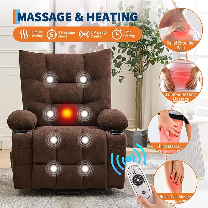 GarveeHome Power Lift Recliner Chair for Elderly with Massage and Heat Oversized Electric Massage &amp Heat Recliner with Soft Padded Upholstery Side Pocket &amp Cup Holders for Living Room Brown