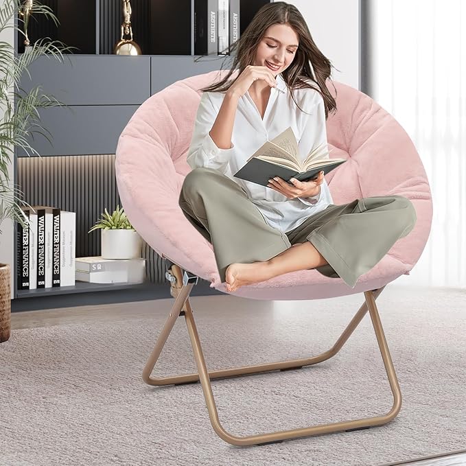 Foldable Oversized Moon Chairs Set of 2 Large Soft Lazy Cozy Comfortable Faux Fur Round Saucer Moon Chairs Set of 2 for Teens and Adults Light Pink
