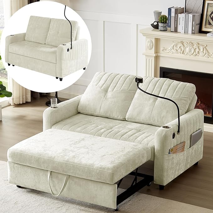 Merax Chenille 3-in-1 Pull Out Sleeper Sofa Bed Couch 54 Convertible Futon Loveseat with Adjustable Backrest 2 Cup Holders Phone Stand 3 Charging Ports and Storage Pockets for Living Room Beige