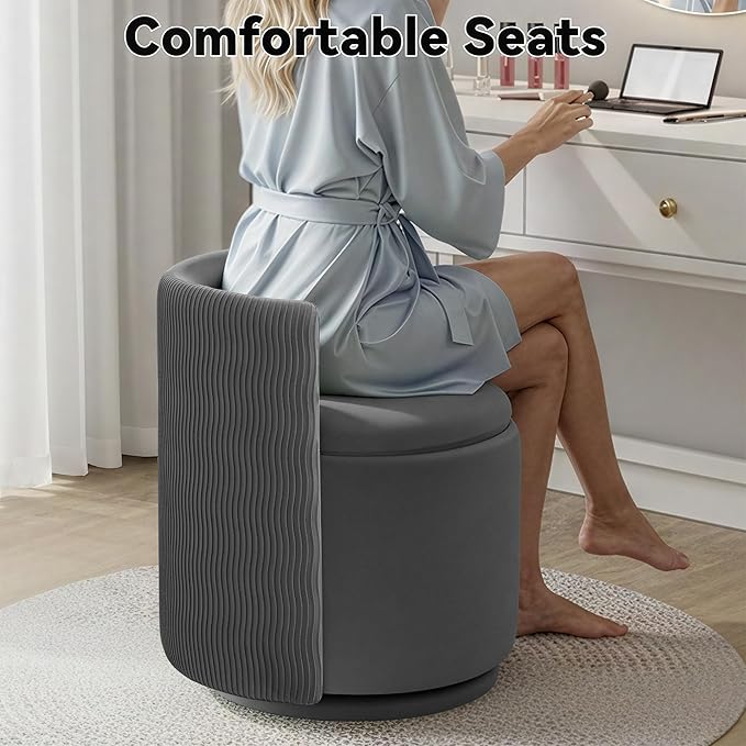 360° Velvet Vanity Chair with Storage Swivel Barrel Makeup Chair No Assembly Wave Back Vanity Stool Small Accent Chair for Living Room Grey