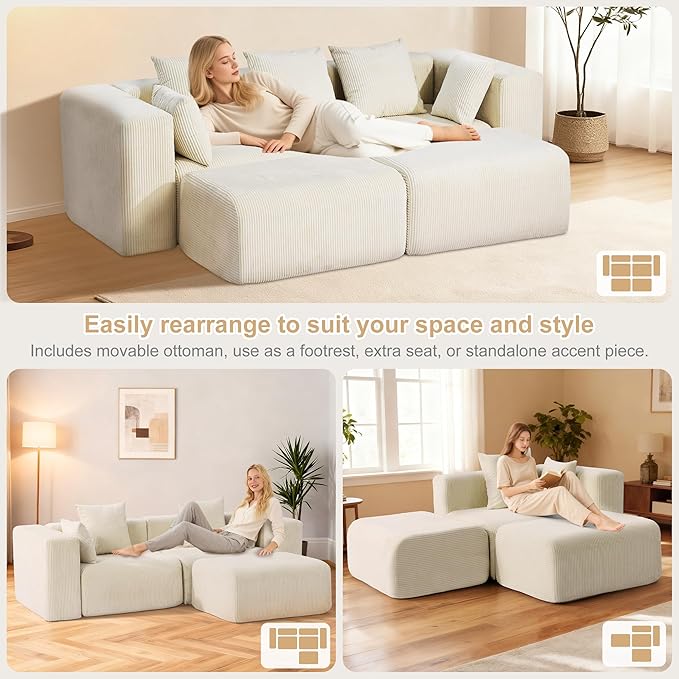 Redlife 117 Modular Sectional Sofa with Ottoman L Shaped Modular Couch Large Sectional Couches Corduroy Combination Sofas for Living Room Apartment Bedroom No Assembly Required Beige