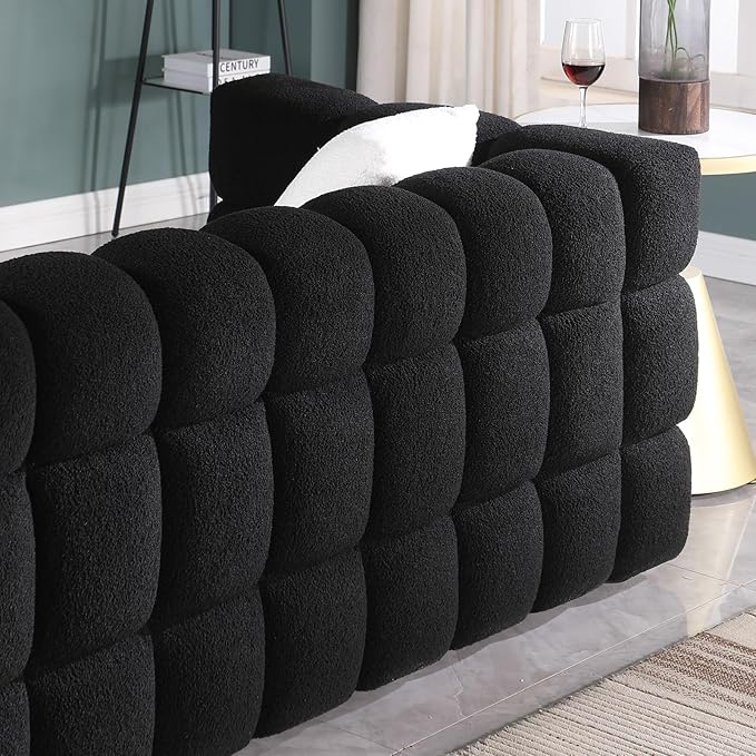Comfy Marshmallow Loveseat Sofa3 Seater Boucle Cloud Couch with 2 Pillows Upholstered Love Seat with Throw Pillows Modern Living Sofa or Office Waiting Room (Black)