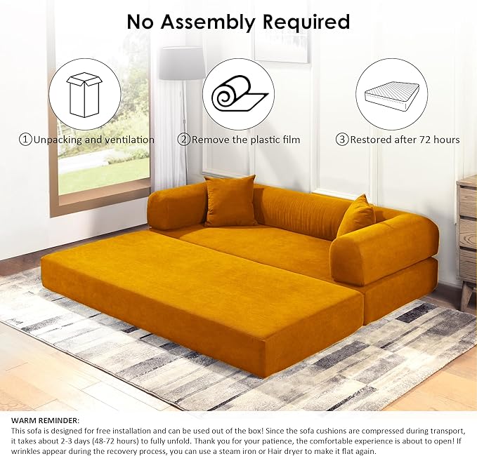 80 Convertible Sofa Bed Corduroy Deep Seat Folding Pull Out Couch with Pillows No Assembly Modern Boneless Couch Compression Sofa in Box Floor Sofa with Storage Pocket for Living RoomYellow