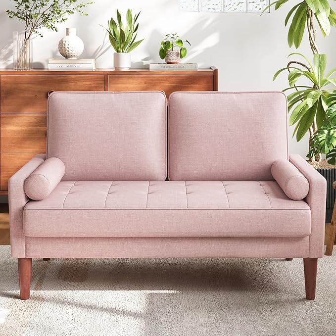 Vesgantti Loveseat Sofa with Solid Wood Legs 48 Small Couches for Small Spaces Love Seat for Living Room Bedroom Easy Assembly Mid Century Modern Couch with Throw Pillow for Apartment Pink