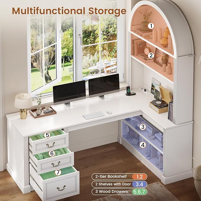 SEDETA 67 L Shaped Desk with Tall Arched Bookshelf Mid-Century Office Computer Desk with 3 Drawers and Storage Shelves Corner Executive Desk with Sliding Barn Door for Home Office White