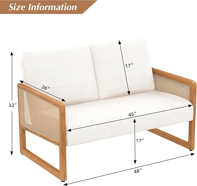 Small Loveseat Sofa with Rattan Arms Linen Mini Couch for Living Room Bedroom Modern Upholstered Love Seat with Wood Legs Ivory