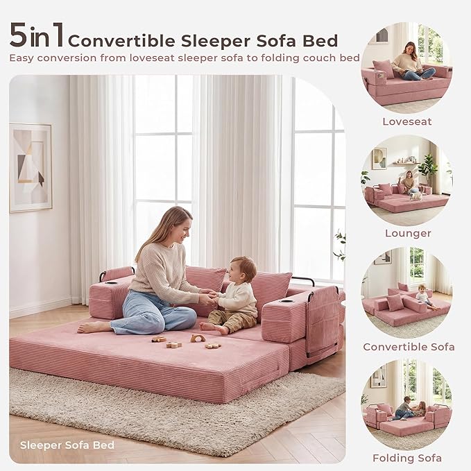 WELAX 72.8 Convertible Sleeper Sofa Bed Boneless Cloud Queen Futon Couches with Cupholders &amp Storage Pockets Corduroy Folding Floor Couch for Bedroom Apartment No Assembly Pink