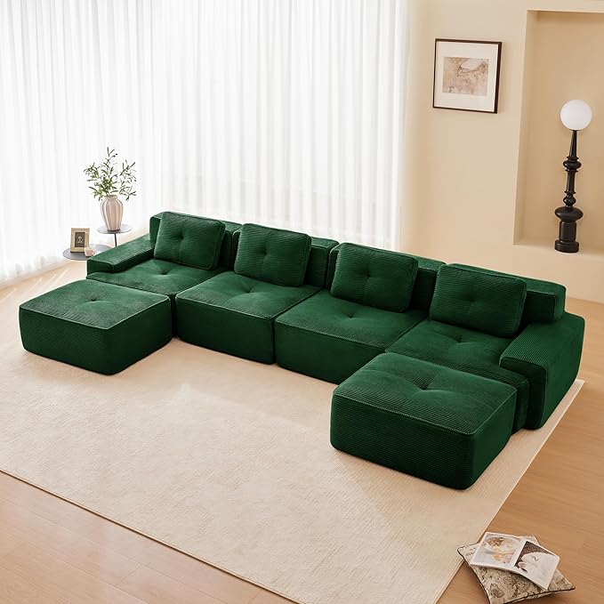  153 U Shaped Modular Boneless Sofa Couch for Living Room Green Sectional Large Sofa with Corduroy Fabric 4-Seater Tufted Couch with Deep Seat and Movable OttomanNo Assembly