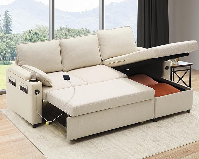 DURASPACE Sofa Bed Sleeper Pull Out 2 in 1 Sectional Sleeper Sofa Couches with StorageUSB Cup HolderPullout Sectional Couches for Apartment Living Room (Beige)