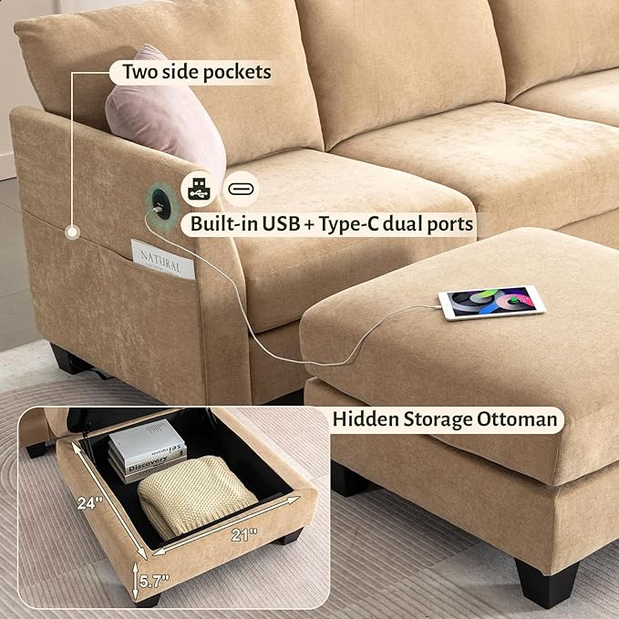 136.4 Modular Sectional Sofa U-Shaped 7 Seater Sectional Sofa with Storage Ottoman Linen L-Shaped Couch Large Cloud Couch with Cup Holders &amp USB for Living Room（Camel
