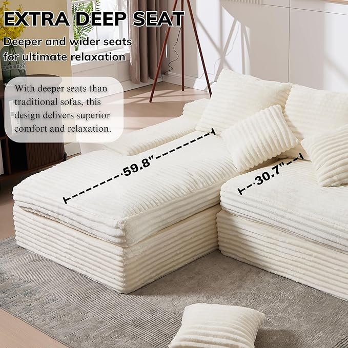 99 Cloud Modular Sectional CouchL-Shape Sofa Couch with Deep SeatModern Boneless Compressed Sofa with Chaise3 Seater Corduroy Couches for Living Room Bedroom No Assembly Required (Beige)