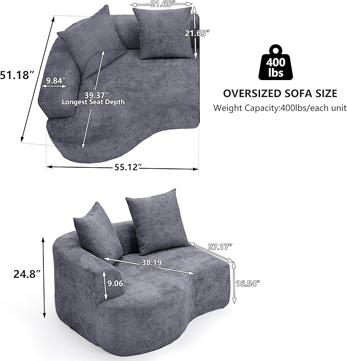 L Shaped Single Sofa Modern Comfy Chenille Fabric Loveseat Couch No Assembly Required Small Couch with Deep Seat 2 Pillows for Living Room Apartment Bedroom