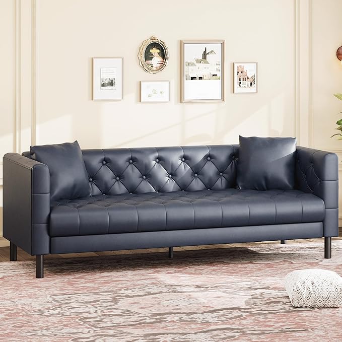 GarveeHome 81 in Leather Couch for Living Room Modern Sofa Couch with Deep Seat and 2 Pillows Handmade Button Tufted 3 Seater Sofa Leather Sofa for Apartment Office Blue