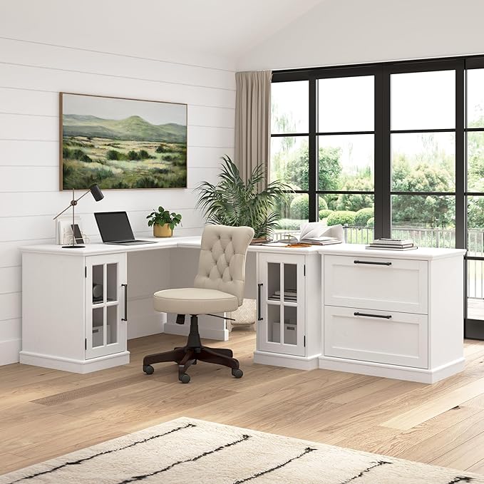 Bush Home Westbrook 42W Computer Desk Return with Storage in Ash White | Farmhouse Desk for Home Office Workspace
