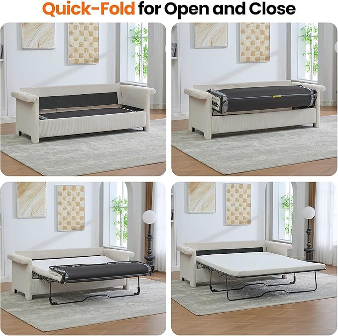 Full Size Sleeper Sofa Bed Pull Out Couch with Queen Size Memory Foam Mattress 2-in-1 Convertible Corduroy Loveseat Sleeper for Small Apartment USB Charging (Beige2)