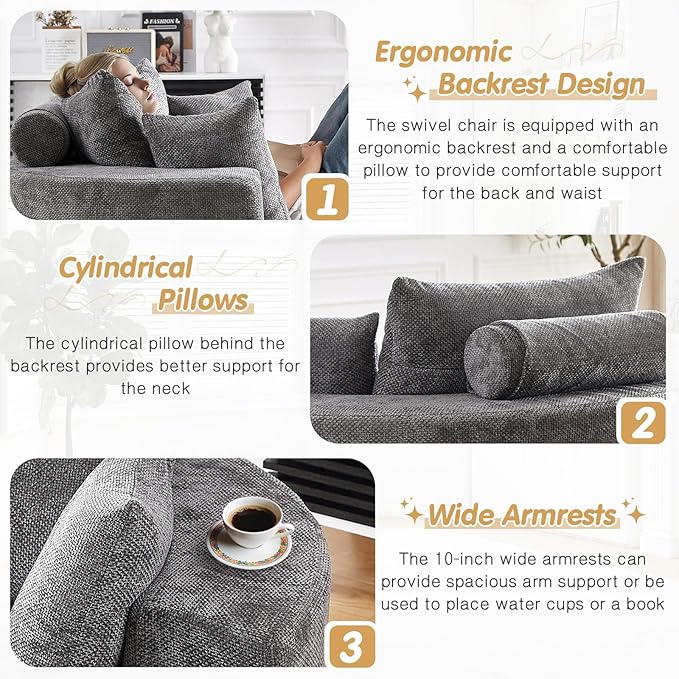 55 W Oversized Round Swivel Accent Barrel Chair360 Degree Chenille Upholstered Comfy Chaise Lounge Chair IndoorModern Deep Seat Single Sofa Armchair for Living RoomBedroomOffice(Grey)