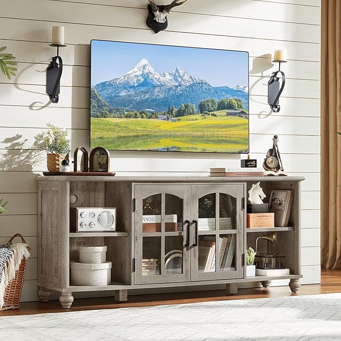 Farmhouse TV Stand for 60 Inch TV Wood Entertainment Center with Glass Door Storage Cabinet &amp Adjustable ShelvesTelevision Stands for 65 TVS Grey TV Console Table for Living RoomBedroom