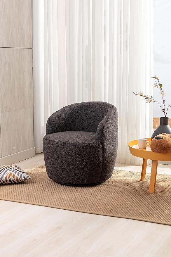 Modern Teddy Swivel Armchair Cozy Barrel Chair with Metal Ring for Living Room Bedroom &amp Office Dark Gray