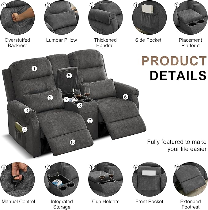 DRMBOOK RV Loveseat Recliner Sofa with Console Flax Velvet Double Wall Hugger Reclining Couch Manual Home Movie Seating 2 Person Recliner Chair with Cup Holders/Storage/Pocket/Lumbar Pillow Grey