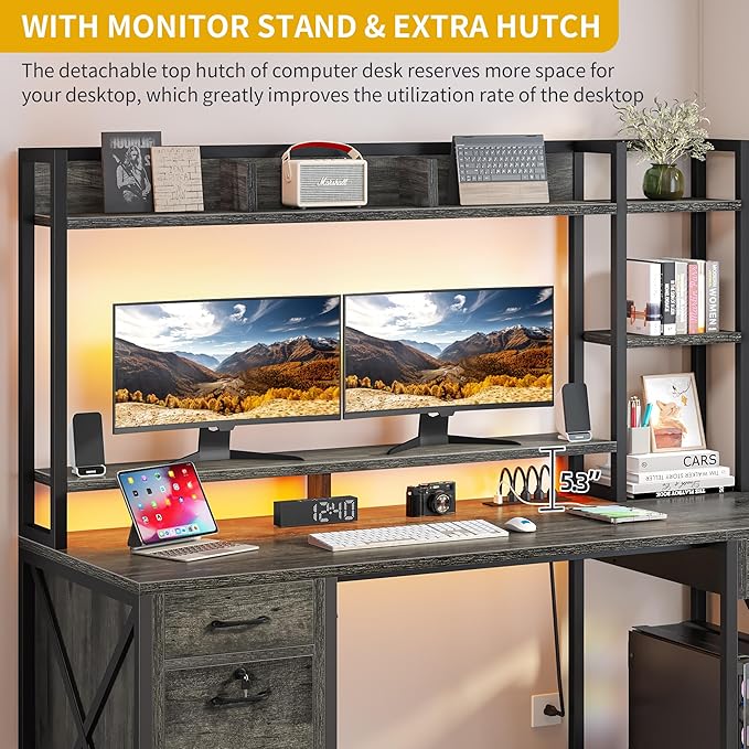 DWVO Computer Desk with Drawers &amp Hutch 59.1 Office Desk with Power Outlets &amp LED Lights Home Office Desk with Storage Shelves Grey
