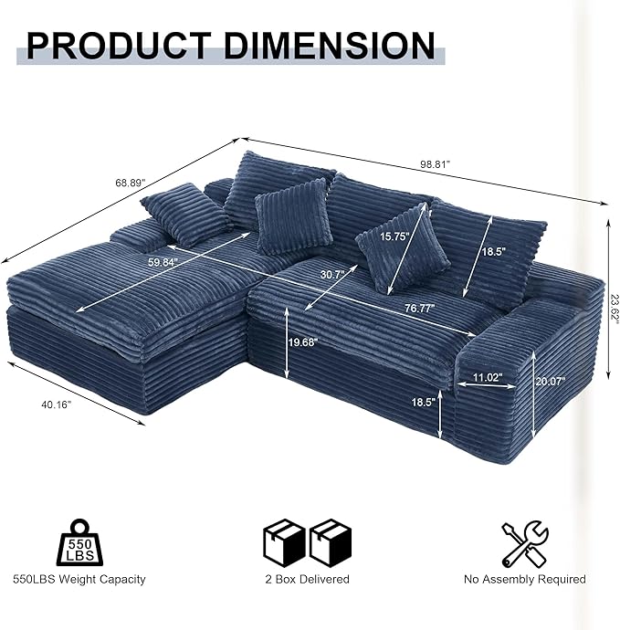 98.8 Cloud L Shape Sectional Couch with Deep Seat Modern Boneless Compressed Sofa with Chaise 4 Seat Corduroy Couches for Living Room Bedroom No Assembly Required (Blue)