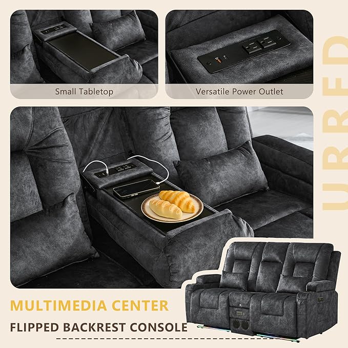 URRED Power Loveseat Recliner Sofa with Flipped Backrest Console Wall Hugger RV Reclining Loveseat Sofa Couch with LED Light/Bluetooth Speakers/USB/Outlets/Cup Holders/Pillow/Side Pocket Grey