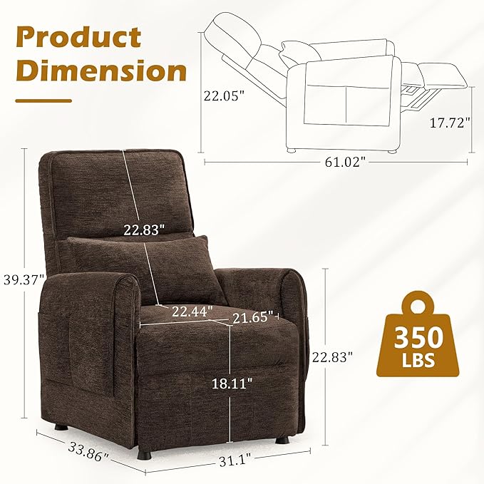 Power Recliner Chair Small Recliners for Small Spaces Electric Recliner Chairs for Adults with Memory Function Reclining Chair with Remote Pillow and Side Pockets Living Room Chenille