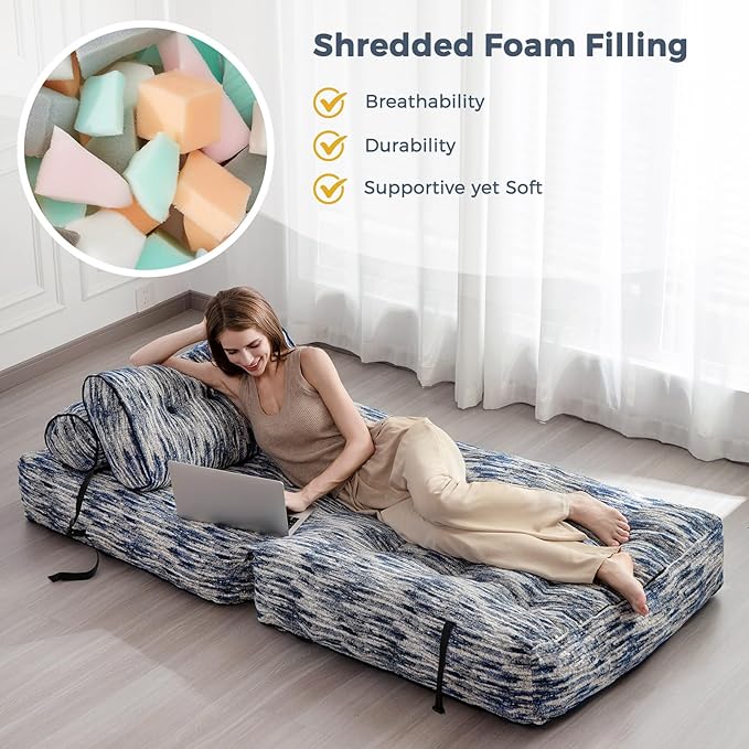 MAXYOYO Folding Sofa Bed Convertible Sleeper Chair with Pilow Soft Fold Out Chair Bed Versatile Floor Sofa Lounge for Living Room Bedroom Blue