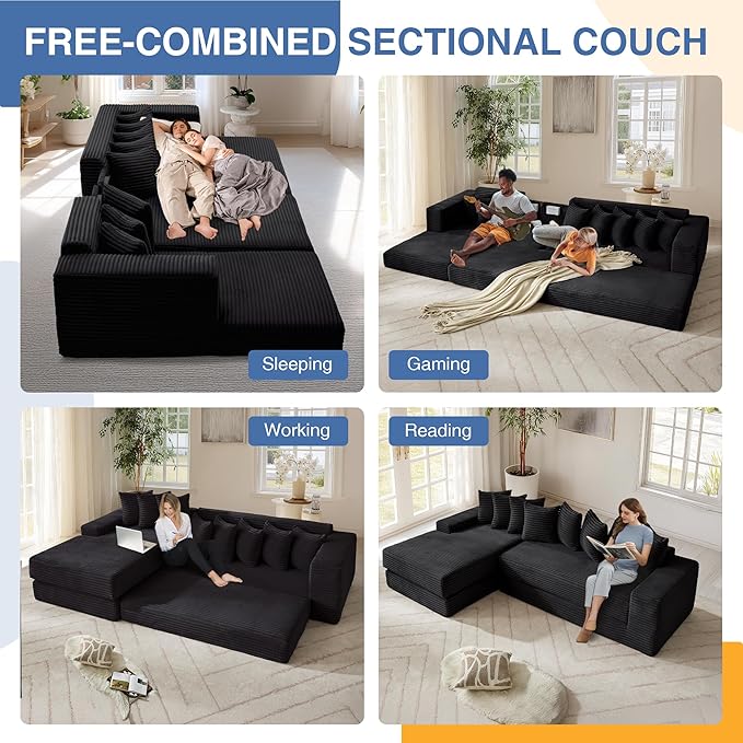 110'' Oversize Cloud Sectional Couches for Living Room Convertible Sleeper Sofa Bed Big Comfy Couch with 2 Side Pockets &amp 8 Pillows Corduroy Free-Combined (Black 110 -Left Facing Chaise)