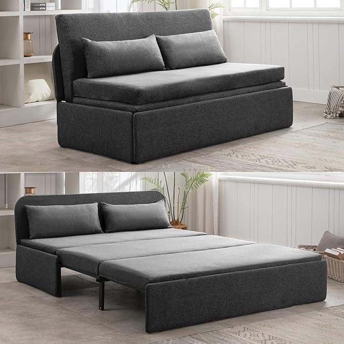 PUREMIND Queen Size Pull Out Sofa Bed Linen Convertible Sleeper Sofa with Foldable Mattress Loveseat Pullout Couch Bed with 2 Cushion for Small Place Apartment Office - Dark Gray