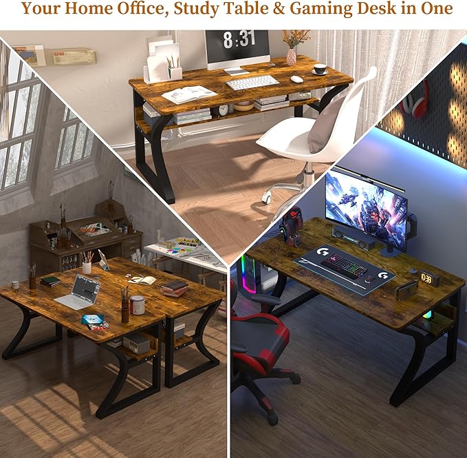 AZN Computer Desk Computer Desk 47in Office Desk w/Metal Frame &amp Storage Office Desk for Study Writing Work Game Home Office Desk Computer Desks w/Waterproof &amp Scratch-Resistant Surface B