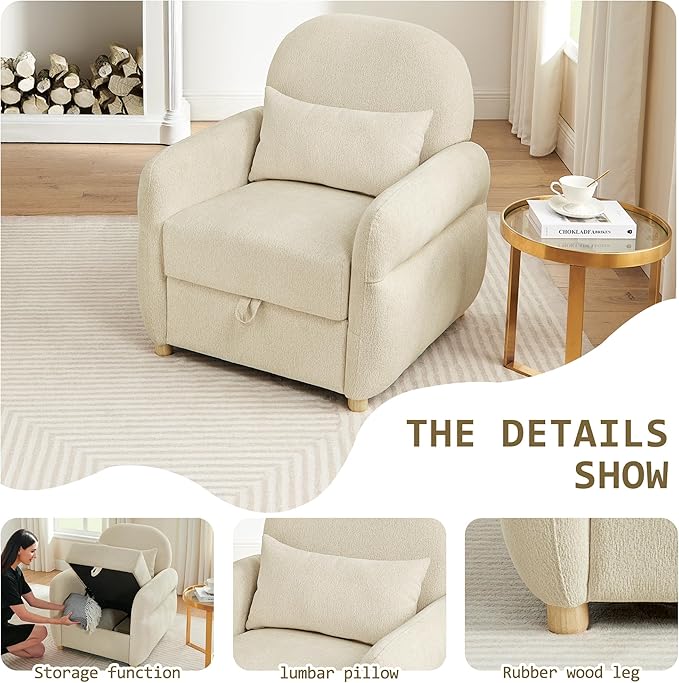 Accent Chairs Set of 2 Living Room Chairs in Chenille Fabric Modern Reading Chair with Storage Function for Living Room Apartment and Compact Spaces (Beige)