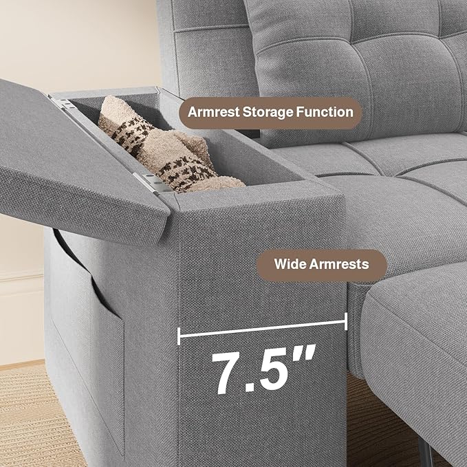 Ahomly 87 Convertible Sleeper Sofa Bed with Pull-Out Design Adjustable Backrest Wide Armrests with Storage Comfortable Pillows – Perfect for Small Spaces (Light Grey)