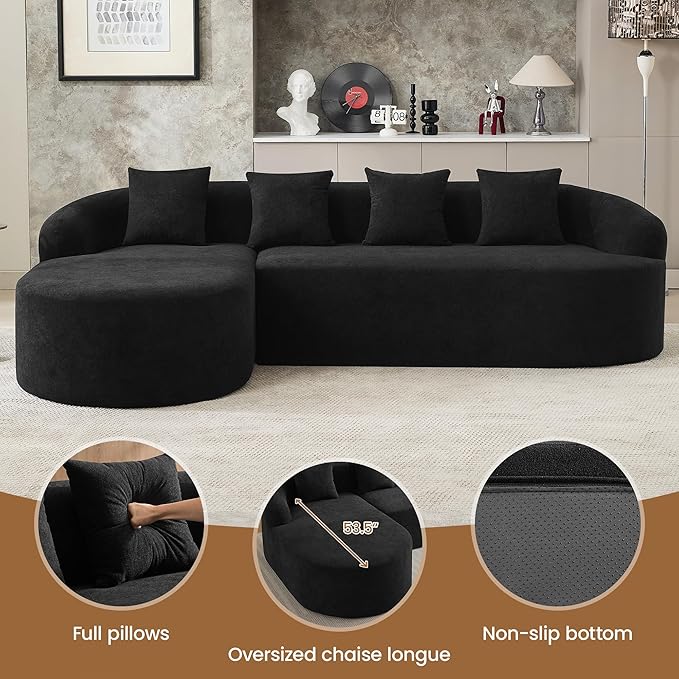 105 Boneless L Shaped Sectional Couch Curved Cloud Deep Seat Sofa with Chaise Lounge Oversized 4 Seater Couches for Living Room No Assembly Chenille Black