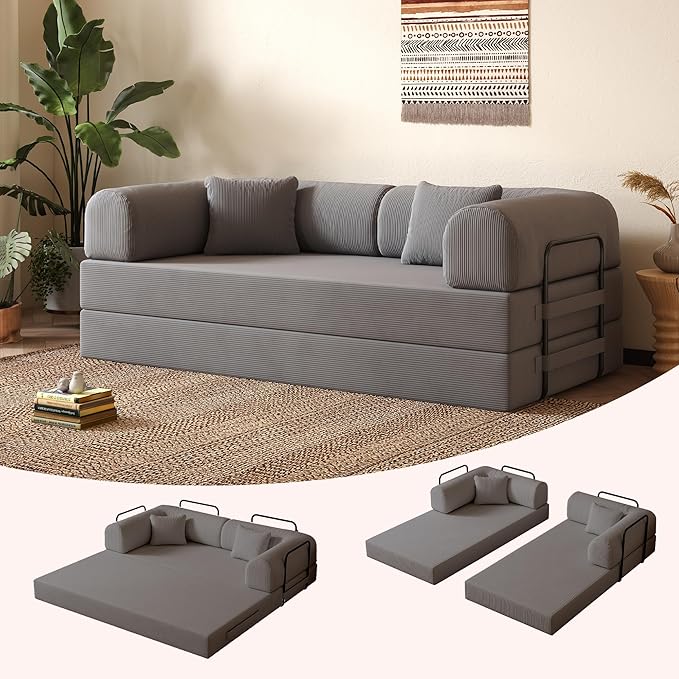 79'' Folding Sofa Bed 5-in-1 Convertible Sofa Bed Boneless Comfy Foldable Foam Couch with Pillow Modular Floor Couch for Living RoomBedroomLounge - Corduroy Grey