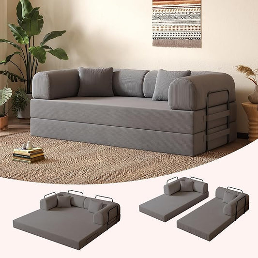 79'' Folding Sofa Bed 5-in-1 Convertible Sofa Bed Boneless Comfy Foldable Foam Couch with Pillow Modular Floor Couch for Living RoomBedroomLounge - Corduroy Grey
