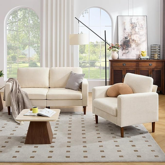 Kingfun 65 Loveseat Sofa with Chair Chenille Love Seat Couch Mid Century Modern Couch with Solid Wooden Frame for Living Room &amp Bedroom in Small Spaces Beige