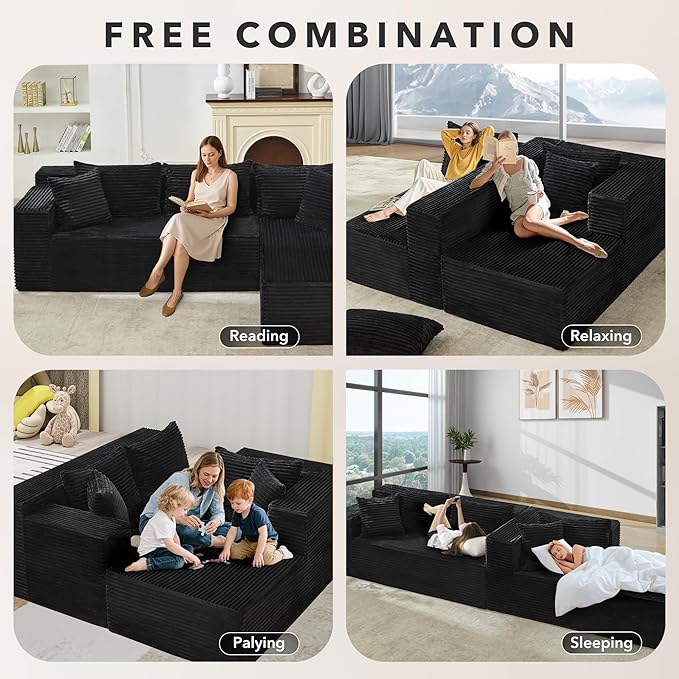 Modular Sectional Sofa Cloud Sectional Couch 106 Comfy Fluffy L Shaped Black Couches for Living RoomOversized Sofa Sleeper with Deep Seat No Assembly Required Black