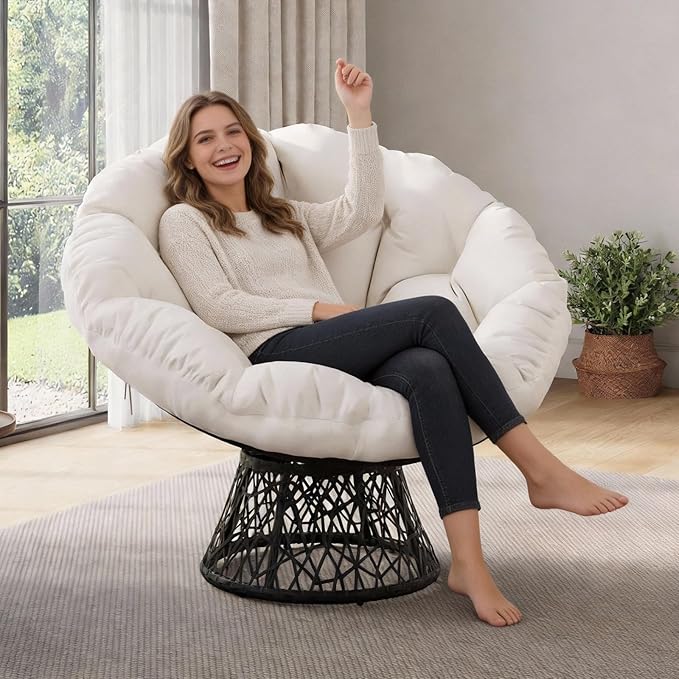 Papasan Chair 37 Ergonomic Wicker Papasan Chair with Extra-Thick Soft Fabric Cushion Heavy-Duty Steel Frame 360° Swivel Base for Living Room Bedroom &amp Reading Nook – White - Black Stand