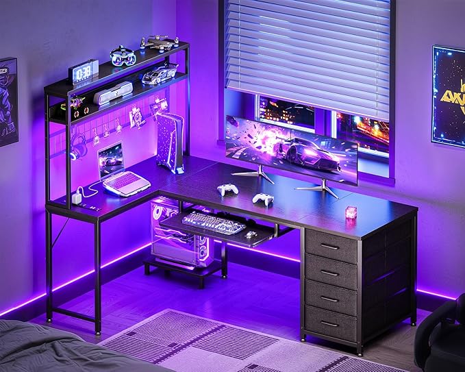 AODK 59 Inch L Shaped Desk with 4 Drawers Gaming Desk with Led Lights &amp Power Outlets Computer Desk with Pegboard &amp Keyboard Tray Reverisble Home Office Desk with Storage Shelves &amp CPU